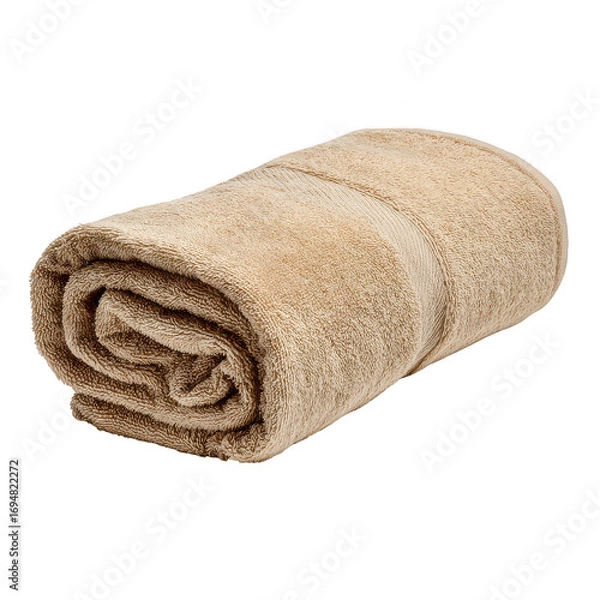 Fototapeta Rolled beige towel isolated on transparency background, soft and absorbent fabric for bath or spa use, clean and neatly folded textile for personal care and hygiene