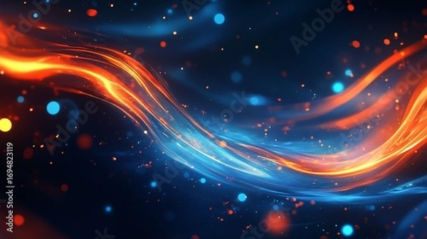 Obraz Abstract background with flowing orange and blue light waves on a dark backdrop.