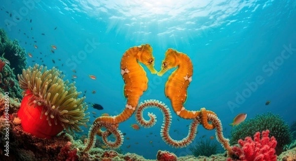 Fototapeta Two orange seahorses face each other with prehensile tails coiled on a vibrant coral reef surrounded by an anemone fish and sunlit water