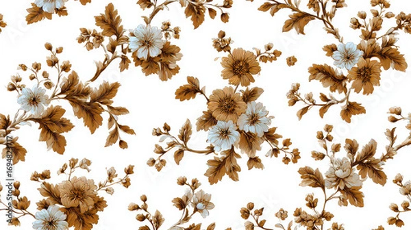 Fototapeta Classic floral pattern with brown and light blue flowers and leaves on white background, elegant seamless design for textile or wallpaper, vintage style with detailed petals and branches