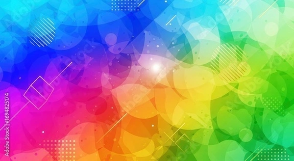 Fototapeta Vibrant abstract background with rainbow color gradient, overlapping translucent circles, and geometric line patterns