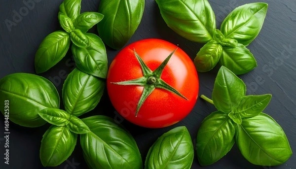 Fototapeta Fresh basil leaves and a red tomato on a dark surface