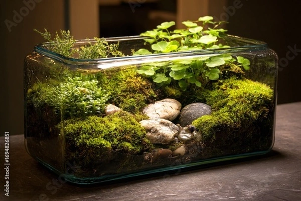 Obraz Small glass terrarium with moss rocks and plants on a surface.