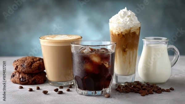 Fototapeta Table with a variety of drinks and snacks, including a glass of iced coffee, a glass of milk, and a glass of iced tea