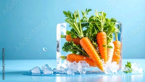 Fototapeta Fresh carrots with green tops are enclosed in a clear, cube-shaped ice block.