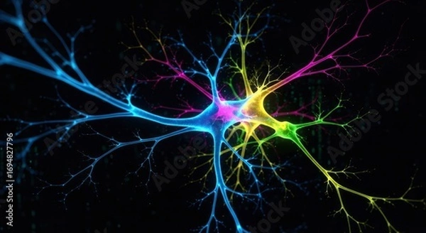 Fototapeta Vibrant interconnected branched structures form a glowing network in multiple colors blue magenta yellow and green set against a dark backdrop with faint background elements