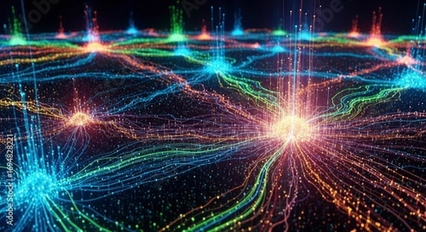 Fototapeta Vibrant glowing lines and clusters of light form an intricate network across a dark speckled surface Blue red orange and green light trails flow between bright nodes