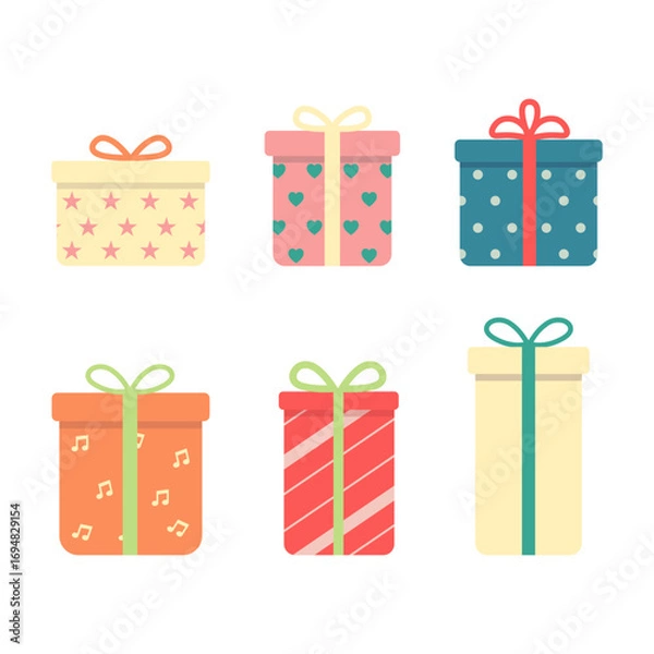 Fototapeta Collection of colorful, cute gift box.Set of gift boxes with ribbon for birthday, new year, Christmas, valentine or any occasions.Present vector illustration isolated on white background.