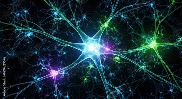 Fototapeta Vibrant neural network with glowing blue green and purple interconnected cells and intricate branching structures on a dark background