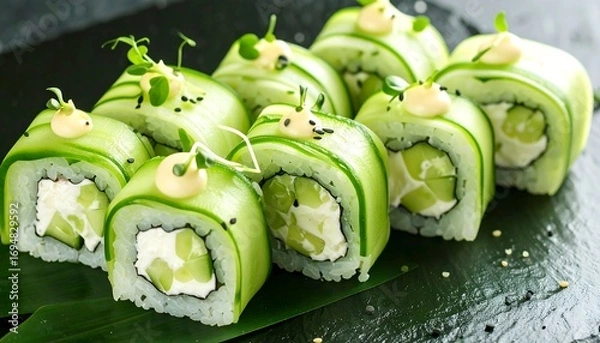 Fototapeta Fresh cucumber sushi rolls, beautifully arranged on a dark stone surface