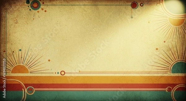 Fototapeta Vintage background with geometric sunbursts circles lines and stripes on a distressed paper texture featuring a warm light effect