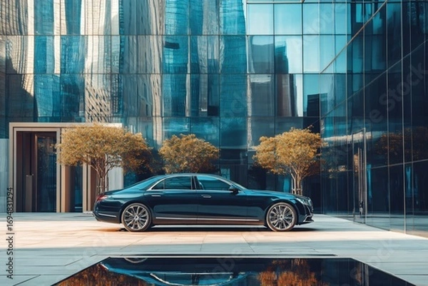 Obraz Dark car parked in front of a modern glass building with trees.