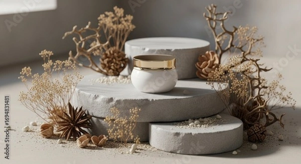 Fototapeta White and gold product jar on tiered stone pedestals amidst dried botanicals pine cones star anise and scattered pebbles on a light grey surface
