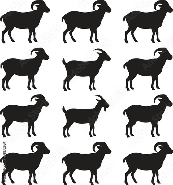 Obraz Collection of black goat silhouettes standing in rows on white background