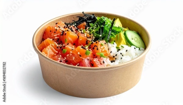 Fototapeta Hawaiian Salmon Poke Bowl with Avocado, Cucumber, and Seaweed in a Takeaway Container Isolated on White