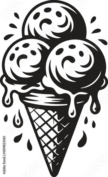 Obraz Retro style illustration of a delicious ice cream cone with three scoops