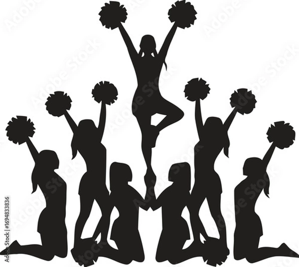 Obraz Silhouette of a cheerleading squad performing a pyramid formation with pom poms