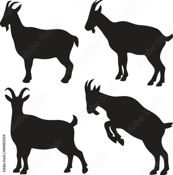 Obraz Four black silhouette goats standing and jumping on white background