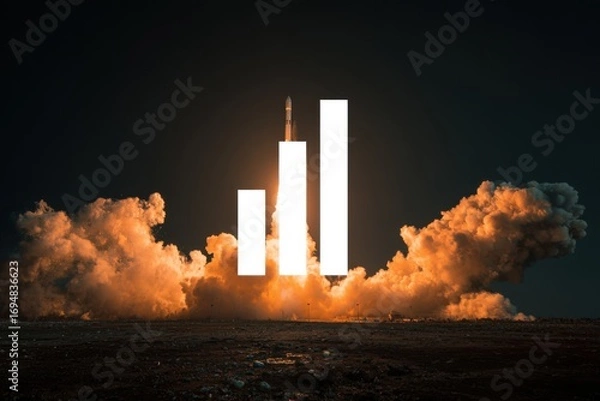 Fototapeta Rocket launch with a growth chart overlay
