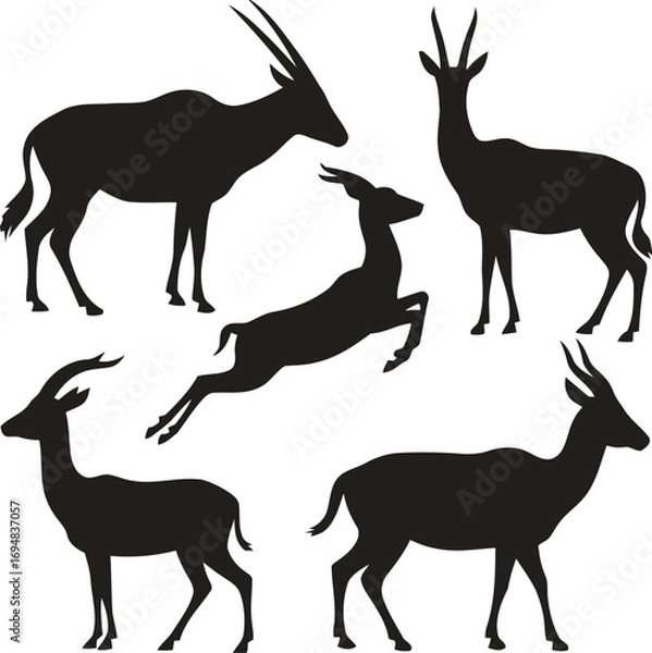 Obraz Collection of black silhouettes of antelopes in various poses on white background