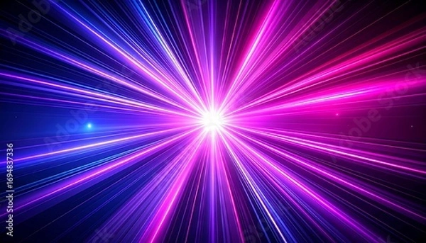Fototapeta A vibrant display of radiating light rays in shades of purple and blue, creating a dynamic and energetic atmosphere.