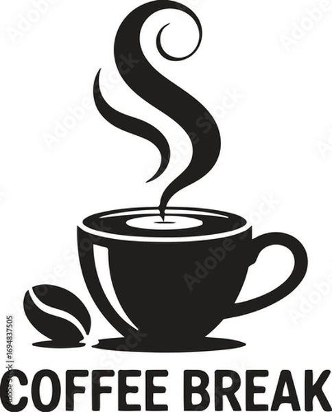 Obraz Steaming hot coffee cup with bean and text coffee break