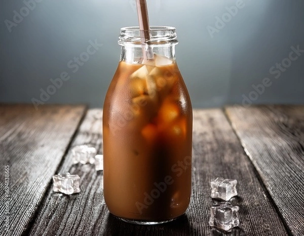 Fototapeta indonesian teh botol in glass bottle with ice and straw