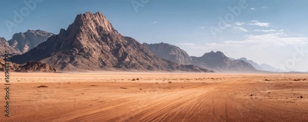 Fototapeta Vast desert landscape with towering mountains under a clear sky