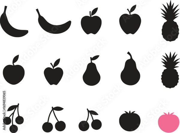 Obraz Collection of black fruit silhouettes and one pink strawberry on white background