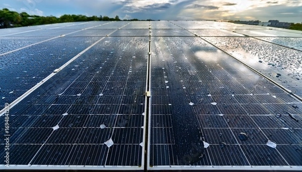 Fototapeta rain soaked solar panel array glistening water droplets sustainable energy generation clean technology renewable resource wet