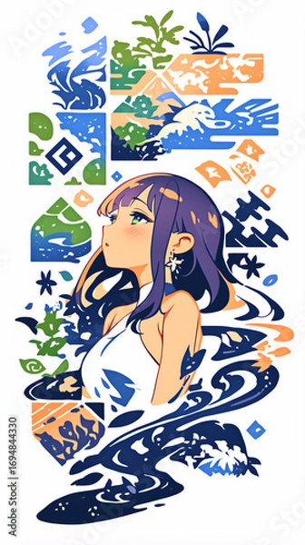 Fototapeta 物思いにふける女の子、イラスト、パッチワーク