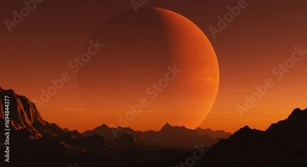 Obraz Crimson Planetscape Jagged Peaks and a Giant Lunar Orb in a Fiery Sky