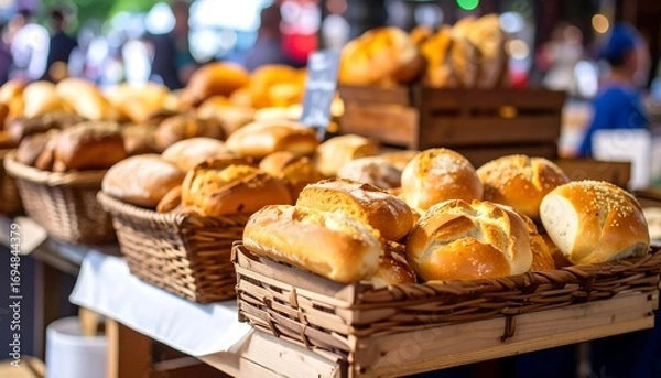 Fototapeta Freshly baked bread displayed in wicker baskets at a market