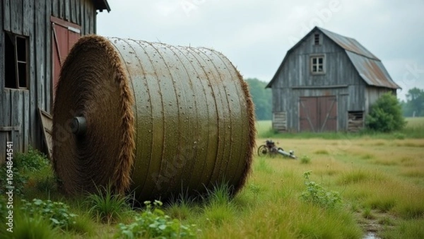 Fototapeta Weathered hay baler with rainwater droplets near an old barn surrounded by lush greenery, capturing a reflective rural scene for agricultural themes.