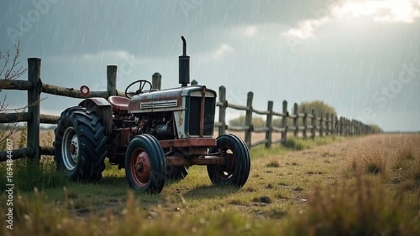 Fototapeta Old tractor parked next to rustic wooden fence in pouring rain, capturing the serene beauty of rural life and nature’s ambiance for stock photography use.