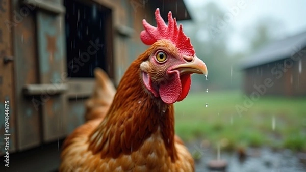 Fototapeta Wet chicken with startled expression standing beside rustic henhouse in rain, capturing the interplay of nature and emotion for animal welfare content.