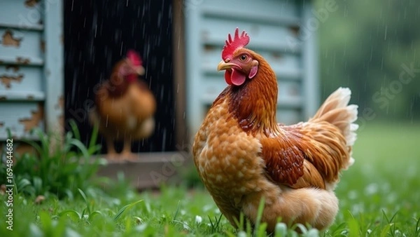 Fototapeta Soaked chicken fluffing wet feathers in front of old henhouse amidst raindrops, capturing rural life and weather impact for agricultural content or animal welfare awareness.