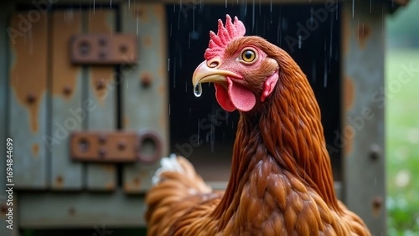 Fototapeta Close-up of a rain-soaked chicken with drops on its beak beside an old henhouse, capturing the essence of rural life and the impact of weather on animals for stock photo use.