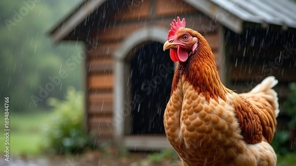 Fototapeta Close-up of a soaked chicken standing in rain next to a cozy henhouse, evoking vulnerability and resilience for agricultural and wildlife awareness content.