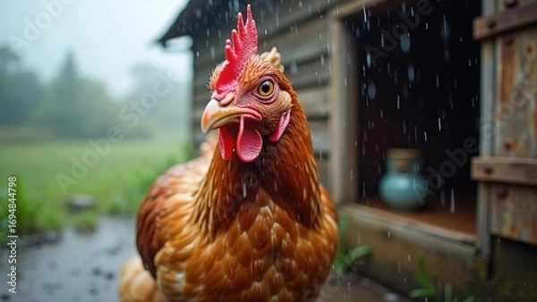 Fototapeta Close-up of a wet chicken in the rain beside a rustic henhouse, capturing serene rural beauty for animal photography and eco-awareness content.