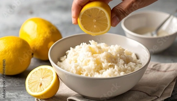 Fototapeta Freshly squeezed lemon juice over a bowl of cooked rice