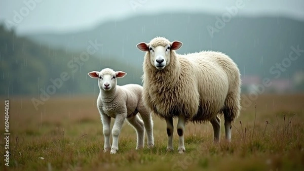 Fototapeta Sheep and lamb standing together in rain on lush pasture, evoking tranquility and warmth in nature for agricultural themes, wildlife photography, or emotional storytelling.