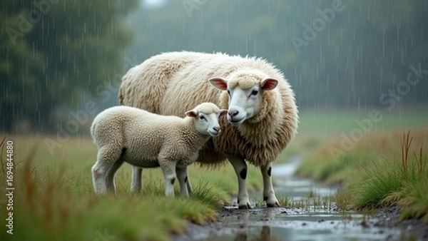 Fototapeta Sheep and lamb huddled together in gentle rain on lush pasture, creating a cozy atmosphere for nature photography and animal welfare awareness.