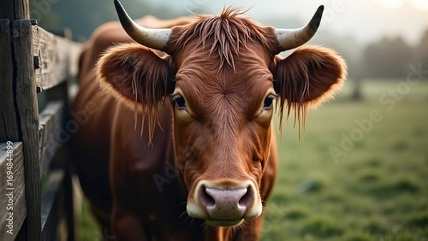 Fototapeta Close-up of a rain-soaked brown cow standing near a cracked wooden fence in muted dawn light, illustrating rural tranquility and animal welfare themes for stock photo use.