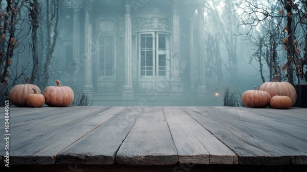 Fototapeta Halloween background with copy-space for text. Wooden platform in front of haunted mansion door, pumpkins on both sides, misty scene.