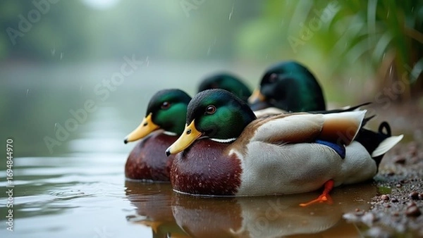 Fototapeta Ducks huddled together on the edge of a serene pond during rain, capturing tranquility and nature's beauty for wildlife enthusiasts and environmental awareness.