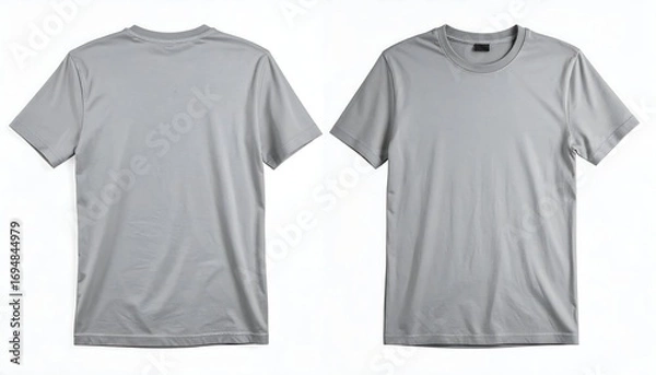Fototapeta Front and back view of a grey, crew-neck, short-sleeved t-shirt. The fabric appears smooth and lightweight with some visible natural creases. Clean studio shot with a white backdrop