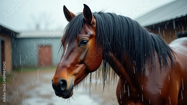 Fototapeta Close-up of a wet horse with a flowing mane in the rain at a stable, capturing emotional atmosphere for animal care awareness and nature photography.