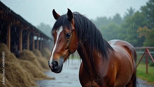 Fototapeta Soaked brown horse shaking its mane in rain near stable yard with hay, capturing emotional resilience in nature for animal welfare storytelling.