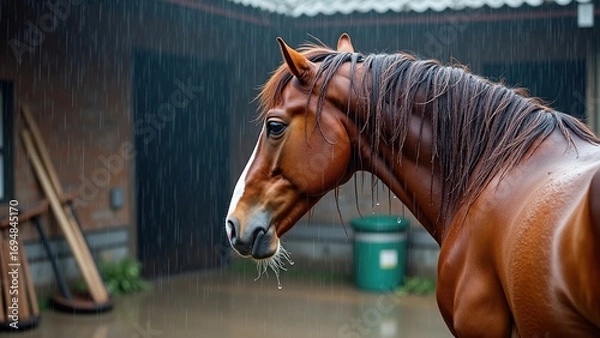 Fototapeta Horse shaking wet mane under heavy rain in stable yard, capturing the vibrance of the moment for equestrian storytelling, wildlife, or climate awareness content.